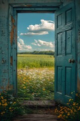 Sticker -   An open door to a verdant meadow with golden blooms in the foreground and a cerulean sky with fluffy clouds overhead