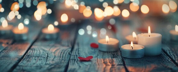 Poster - Candles and Decorative Ornaments on Rustic Wooden Table During Evening