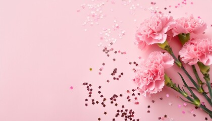 Wall Mural - pink carnations on pink background with confetti