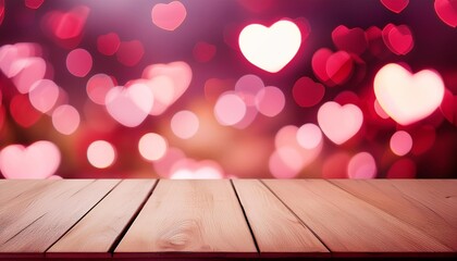 Wall Mural - empty wooden table with defocused bokeh hearts and rounds in pink and red colors template with heart symbols a mockup scene for valentine s day anniversaries and other heartfelt occasions