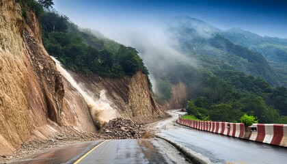 Canvas Print - landslide rock fall down on mountain pass dangerous natural disaster