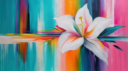 Poster -   A painting of a white flower against a colorful backdrop featuring blue, pink, green, yellow, and white The image is adorned with lines for added texture and depth