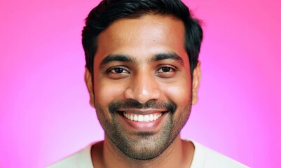 Wall Mural - Portrait of Indian asian man smiling and looking at camera isolated over pink background