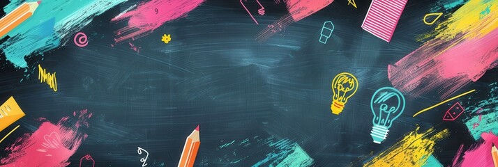 Fototapete - A vibrant chalkboard features colorful brush strokes and detailed drawings of globes, rulers, calculators, pencils, and lightbulbs, enhancing the classroom atmosphere. Generative AI