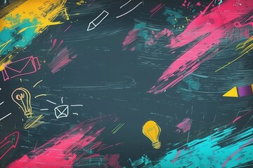 Poster - A chalkboard is lively with colorful strokes and intricate drawings of classroom supplies like globes, rulers, and lightbulbs, enhancing the learning atmosphere. Generative AI