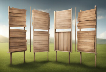 set collection of empty wooden blank billboards on the grass isolated on transparent background