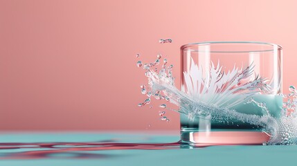 Wall Mural -   A glass of water on a blue countertop with a splash and pink wall background