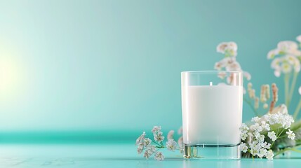 Poster -   A glass of milk sits beside a bouquet of flowers on a blue background, framed by a light green surroundings