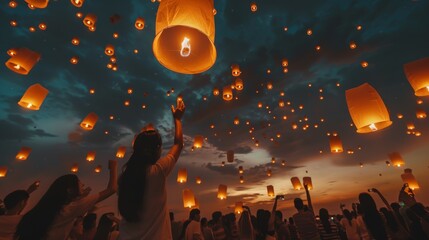 Poster - A stunning photo capturing the evening sky during a festival filled with numerous bright floating lanterns, evoking a sense of celebration, hope, and community spirit.
