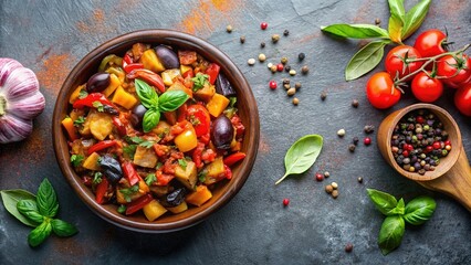 Vegetable stew, saute or caponata. Stewed eggplant with paprika, tomatoes, spices and herbs. White kitchen table background, top view, copy space