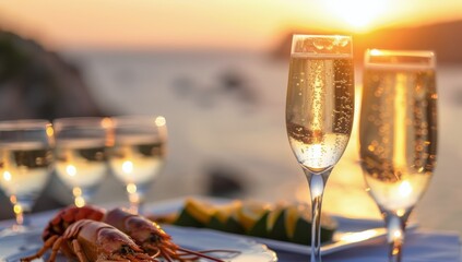 Elegant Seafood Dinner With Champagne at Sunset by the Water