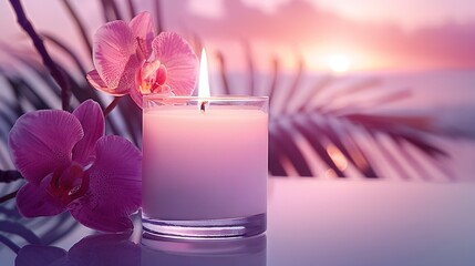 Wall Mural -   A candle adorned with a pink flower rests on a table alongside a palm leaf and another pink blossom