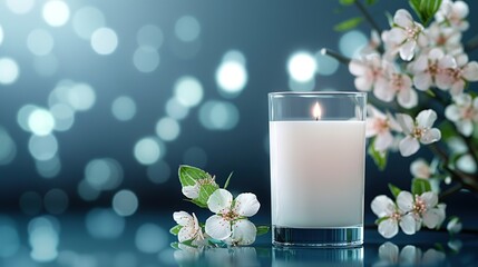 Poster -   A candle, milk, blossom branch against a blue backdrop