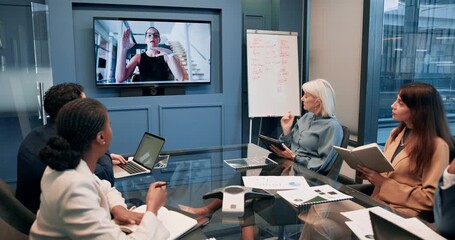 Poster - Office, people and television screen on conference meeting for virtual consultation and planning. Business, employees and video call or seminar for strategy, collaboration and teamwork in New York