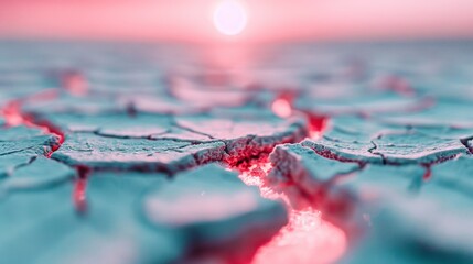   Blue and red surface, close-up shot with bright sun in background and water droplets on the surface