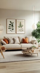 Modern Scandinavian home interior design characterized by an elegant living room featuring a comfortable sofa, mid century furniture, cozy carpet, wooden floor, white walls, and home plants.