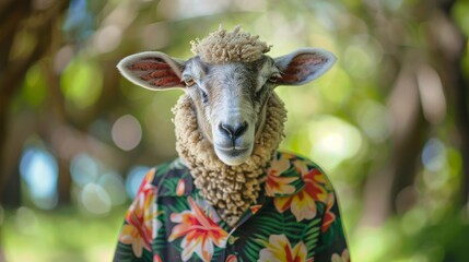 A gray sheep styled in a bright floral shirt stands in sunny green woods, merging rural tranquility with modern fashion for a refreshing and whimsically artistic view.