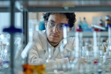 Aufkleber - A researcher wearing glasses and a lab coat analyzes chemical experiments in a lab, showcasing a scene of scientific inquiry and focus surrounded by lab equipment.