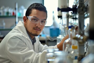 Aufkleber - A scientist in a laboratory setting, conducting an experiment with focus and precision amidst various lab equipment, showcasing dedication to scientific research.