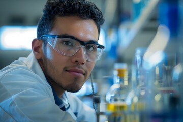 Aufkleber - A young researcher wearing safety glasses and a lab coat concentrates on laboratory tasks amidst various chemical substances, showcasing dedication to scientific discovery.