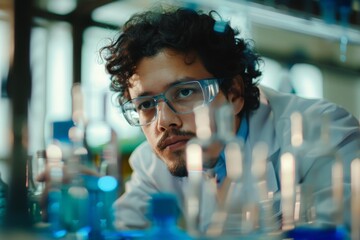 Aufkleber - A determined scientist wearing safety goggles, concentrating on an experiment involving multiple glass instruments in a lab, symbolizing dedication to research.