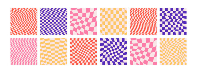 Square psychedelic checkerboard acid backgrounds with warped swirl grid tile, wavy lines. Twisted checkered seamless pattern in trendy y2k style. Distorted chessboard cover set with distortion effect.