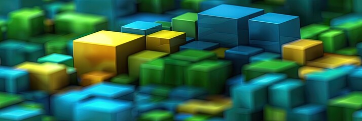 Poster - Vibrant Arrangement of Blue, Green, and Yellow Blocks in Abstract Pattern Displayed in Modern Design Setting