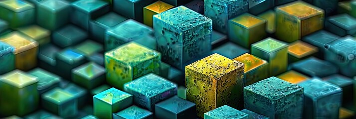 Poster - Colorful Pattern of Blue, Green, and Yellow Blocks Forming a Textured Arrangement in an Abstract Setting
