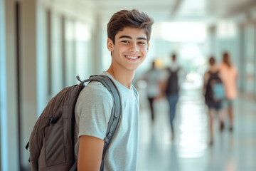 portrait of smiling young male student with a backpack walking in the school hallway, back to school