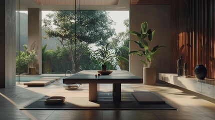 Poster - Elegant Minimalist Table Surrounded by Lush Greenery in Contemporary Open Space During Golden Hour