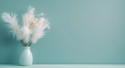 Canvas Print - Elegant White Dried Flowers in a Pale Vase Against a Teal Background