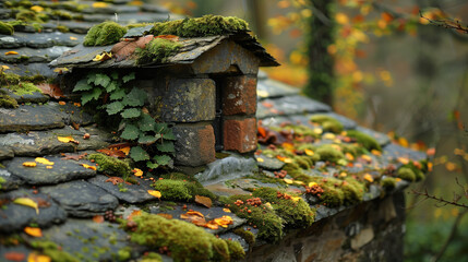 Wall Mural - A charming old stone roof covered with moss, leaves, and small plants, creating a rustic and serene autumn atmosphere.