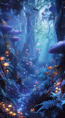 Poster - Enchanting Fantasy Forest Filled With Glowing Mushrooms and Ethereal Creatures at Night
