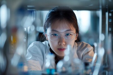 Poster - A serious scientist in a lab coat and glasses is closely observing laboratory equipment and glassware, reflecting a meticulous and attentive approach to scientific research.