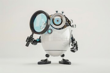 Fototapete - Small robot holding a magnifying glass, symbolizing curiosity and the exploration of technology and artificial intelligence in a futuristic context, Generative AI