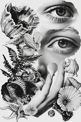 Poster - A close-up illustration of a woman's eyes in monochrome, suitable for use in editorial or design contexts