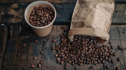 Poster - A cup of freshly brewed coffee sits next to a bag of coffee beans, perfect for a morning pick-me-up or afternoon break