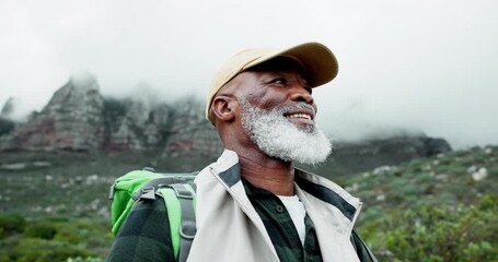 Canvas Print - Senior man, thinking and hiking in mountains with trekking, adventure and wellness in nature. Outdoor, camping and travel with retirement and calm black person with smile with view in Norway