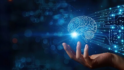 Poster - hand touching a glowing digital brain and artificial intelligence concept on a blue background desig
