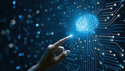 Poster - hand touching glowing digital brain with chip, ai technology concept on blue background illustration