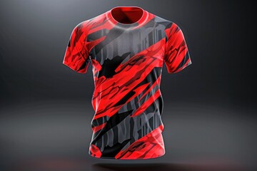 Poster - A close-up of a red and black T-shirt on a black background, ideal for use in fashion or graphic design projects