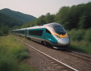 Poster - Modern high-speed train approaches to the station at spring morning time.