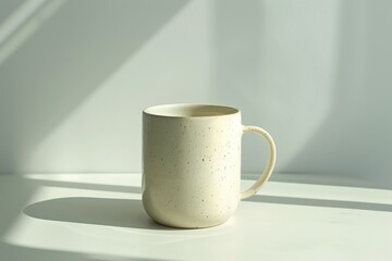 Poster - A speckled cream ceramic mug sits on a white table, beautifully lit by natural sunlight. The shadows and highlights enhance its rustic texture and serene ambiance.