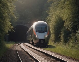 Poster - Modern high-speed train approaches to the station at spring morning time.