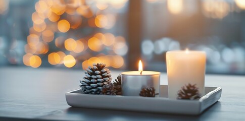 Poster - Cozy Candlelit Atmosphere With Pinecones and Blurry Holiday Lights