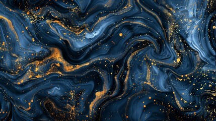 Aufkleber - The image showcases swirling dark blue and gold marbling patterns, creating a striking and elegant abstract artwork with dynamic movement and detailed, gold-speckled highlights.