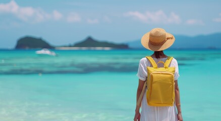 Canvas Print - Woman in Yellow Backpack Stands by Tropical Beach With Clear Blue Water and Islands