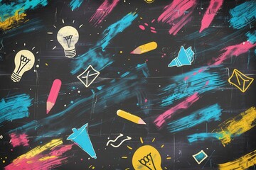 A vibrant chalkboard adorned with brush strokes and illustrations of classroom supplies like pencils, globes, and lightbulbs invites creativity. Generative AI