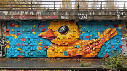 Colorful street art mural of a large yellow rubber duck with a futuristic metallic eye adorns an urban concrete wall covered with graffiti, showcasing vibrant creativity.