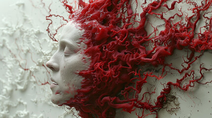 Wall Mural - Side profile of a white male face with intricate red organic-like structures flowing from his head, creating a dramatic and surreal visual effect.